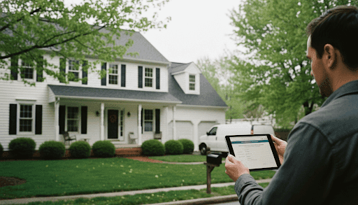 Maryland homeowner verifying a contractor's MHIC license on a tablet on the front porch of an Anne Arundel County home after a thunderstorm