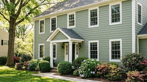 Two-story Maryland colonial in Anne Arundel County with newly installed sage green fiber cement lap siding and crisp white trim in late-morning natural daylight
